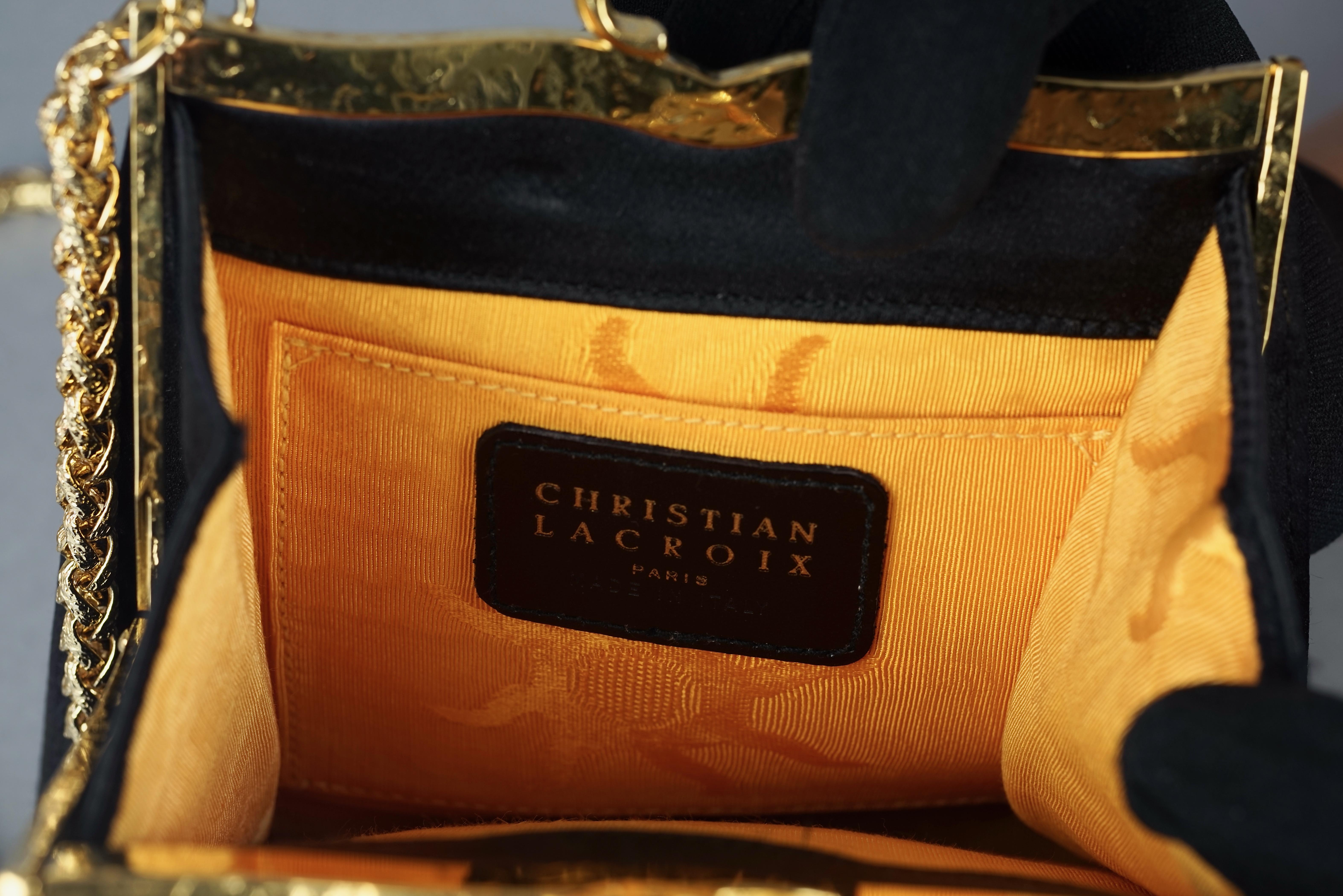 Vintage CHRISTIAN LACROIX Logo Black Satin Chain Shoulder Bag 2
