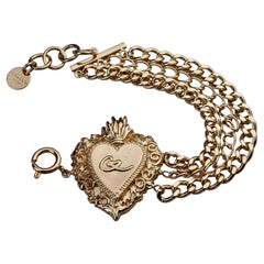 Vintage CHRISTIAN LACROIX LOGO Flaming Heart Charm Triple Chain Bracelet