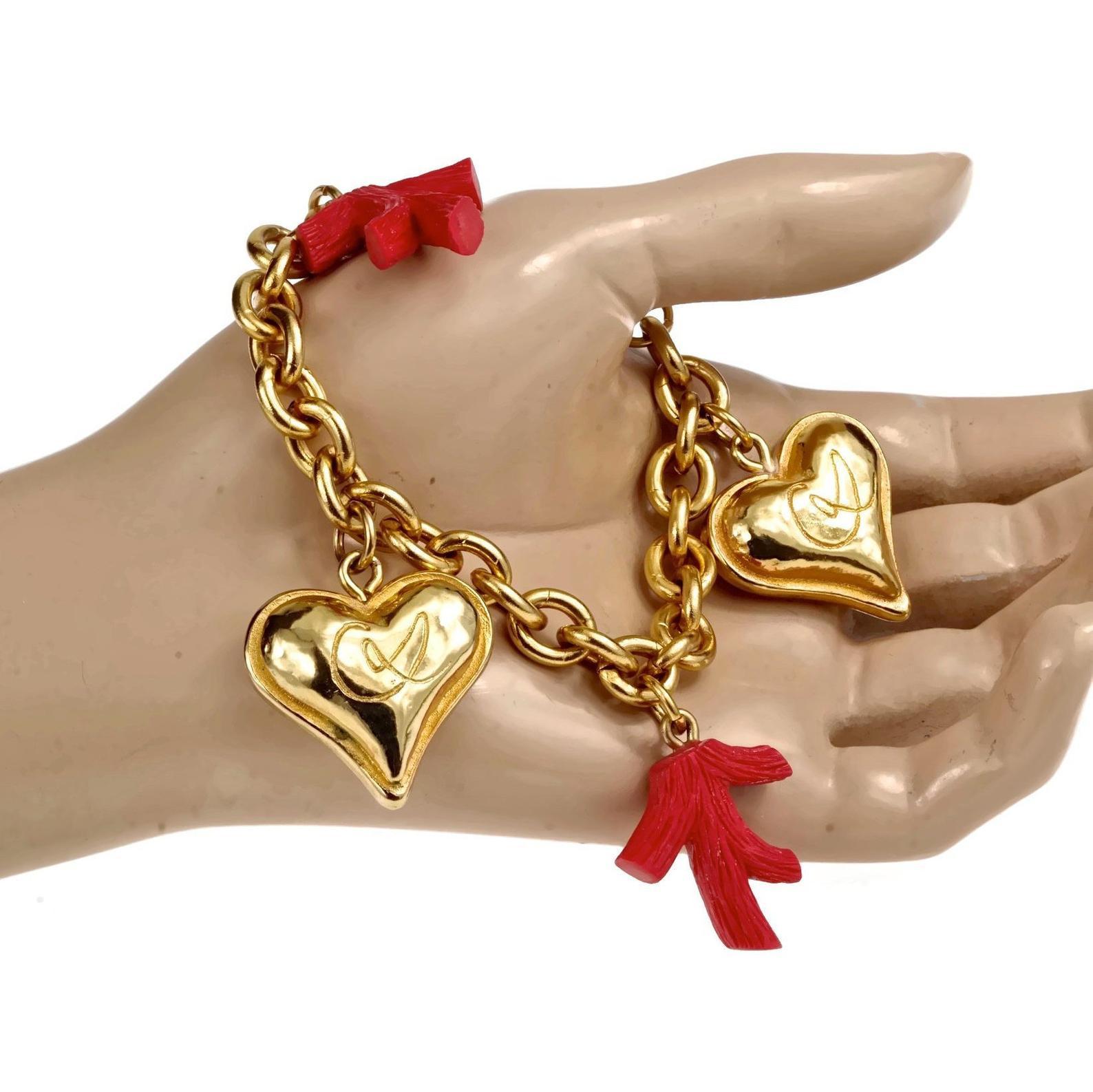 Women's Vintage CHRISTIAN LACROIX Logo Heart Enamel Coral Charm Bracelet