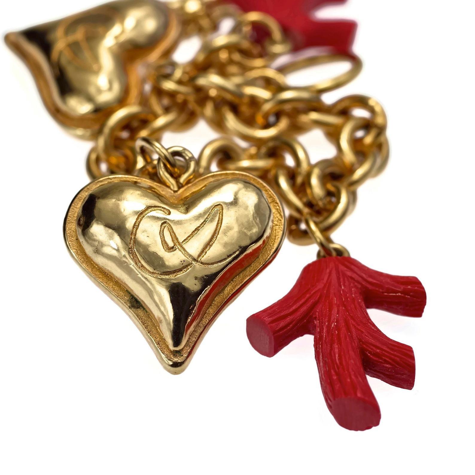 Vintage CHRISTIAN LACROIX Logo Heart Enamel Coral Charm Bracelet 1