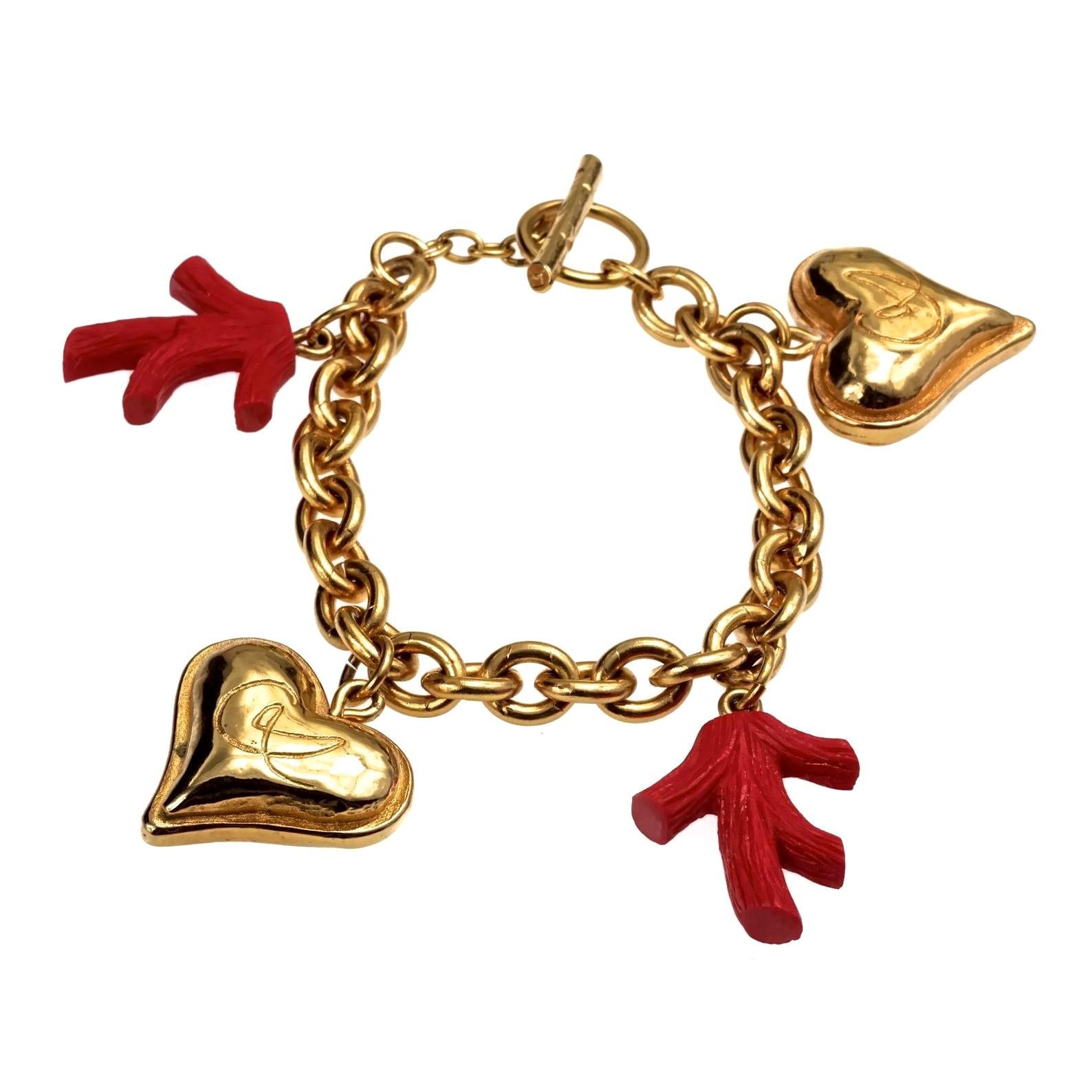 Vintage CHRISTIAN LACROIX Logo Heart Enamel Coral Charm Bracelet