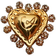 Vintage CHRISTIAN LACROIX Logo Heart Rhinestone Brooch