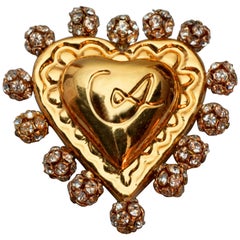Vintage CHRISTIAN LACROIX Logo Heart Rhinestone Brooch