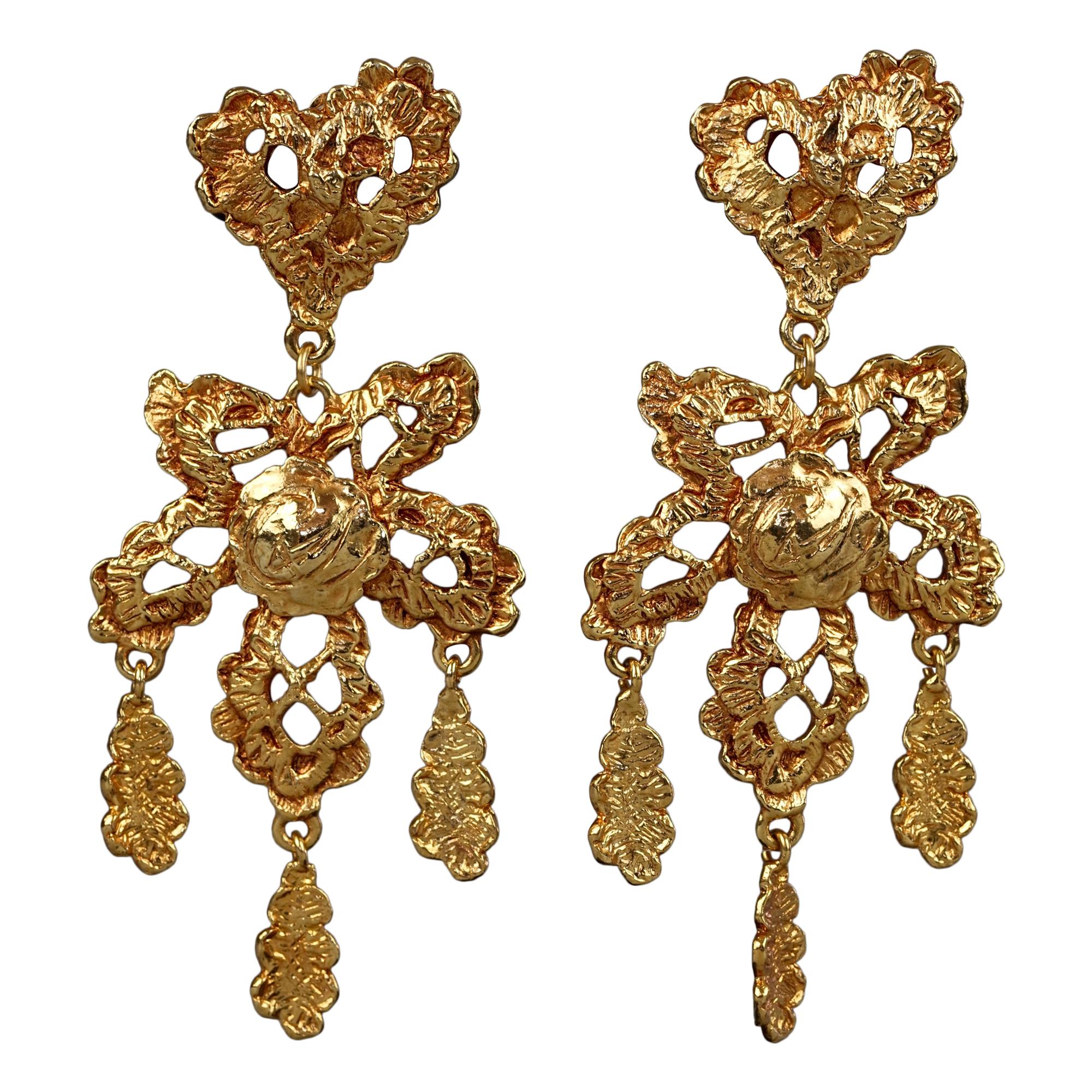 Vintage CHRISTIAN LACROIX Logo Lace Heart Flower Dangling Earrings