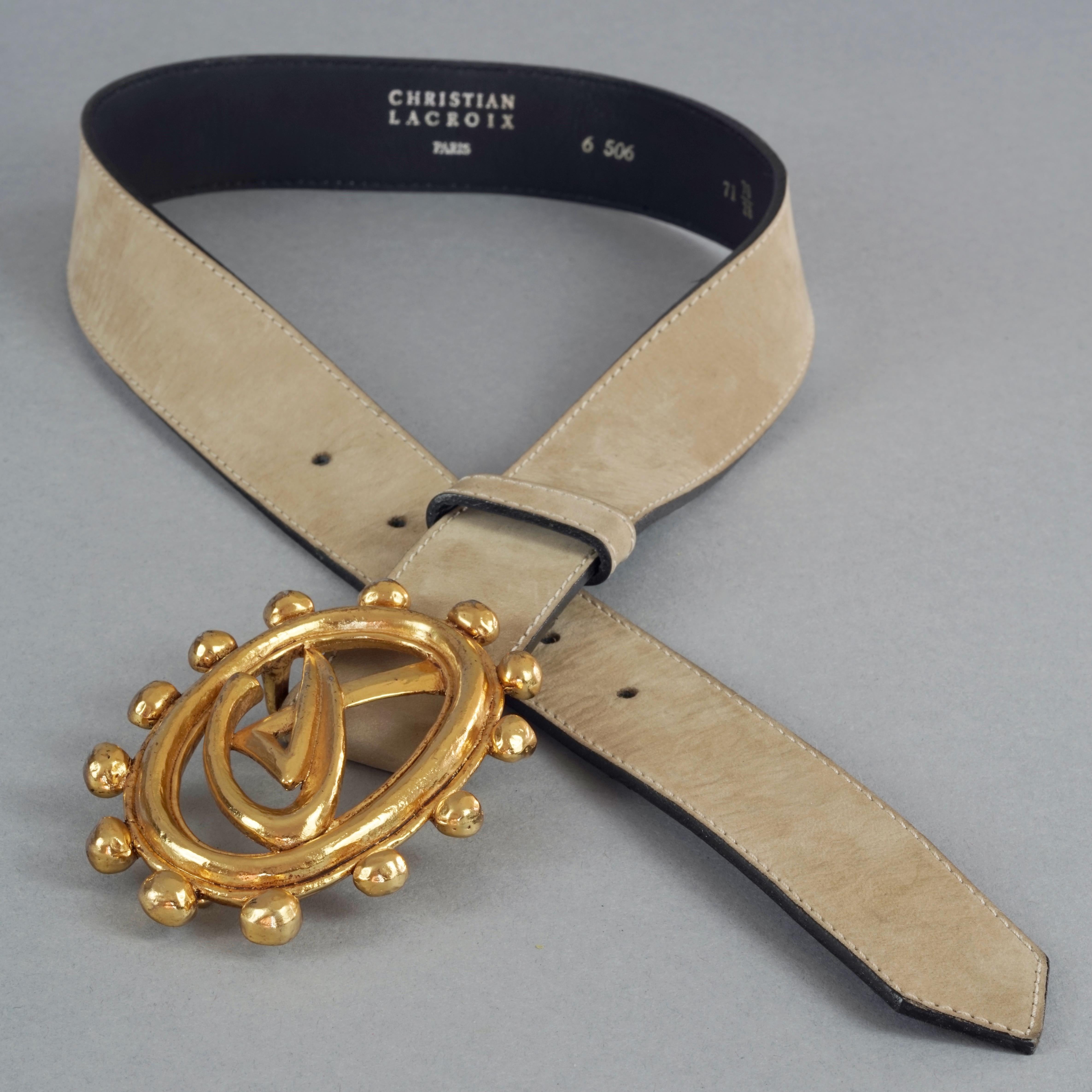Vintage CHRISTIAN LACROIX Logo Monogram Buckle Brown Suede Leather Belt In Good Condition For Sale In Kingersheim, Alsace