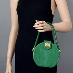 Vintage CHRISTIAN LACROIX Logo Sun Green Leather Top Handle Rigid Bag