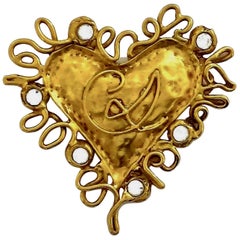 Vintage CHRISTIAN LACROIX Logo Wired Heart Rhinestone Brooch