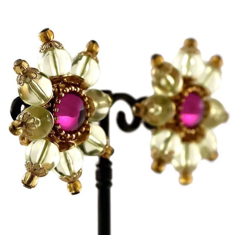 Vintage CHRISTIAN LACROIX Lucite Flower Bead Cabochon Earrings 4