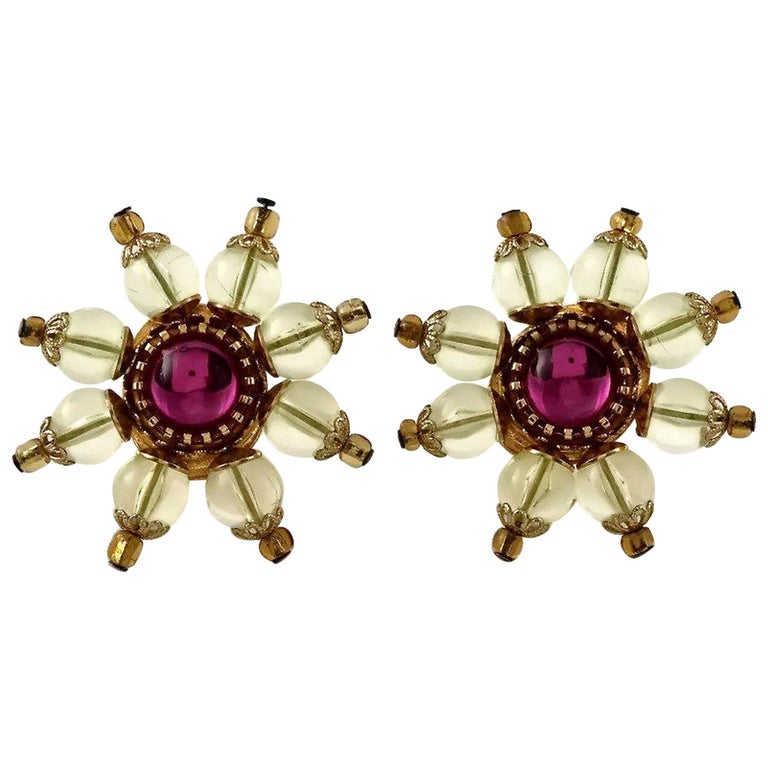 Vintage CHRISTIAN LACROIX Lucite Flower Bead Cabochon Earrings at 1stDibs