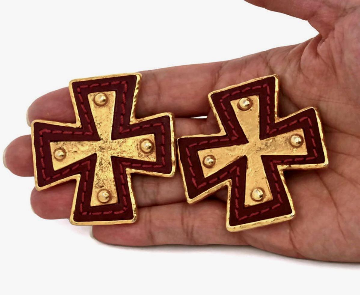 Women's Vintage CHRISTIAN LACROIX Maltese Cross Leather Metal Earrings