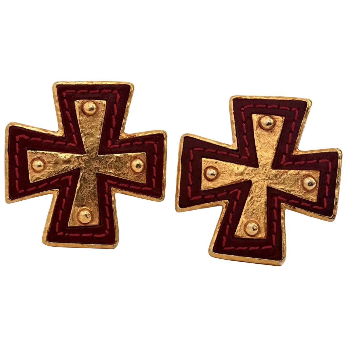 Vintage CHRISTIAN LACROIX Maltese Cross Leather Metal Earrings