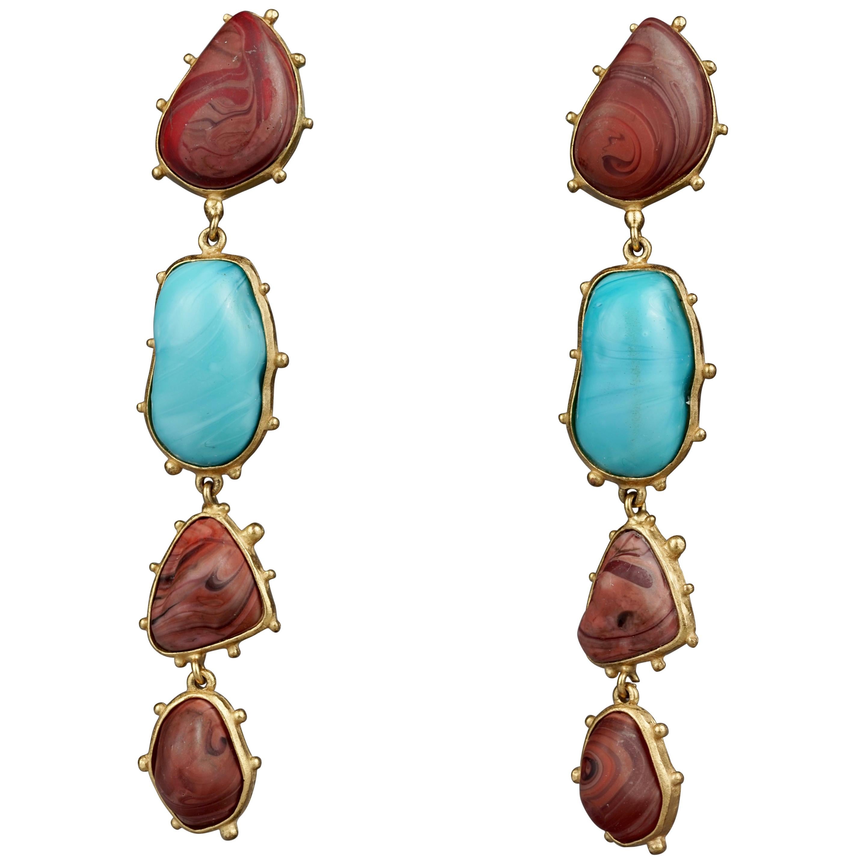 Vintage CHRISTIAN LACROIX Marble Turquoise Brown Dangling Earrings For Sale