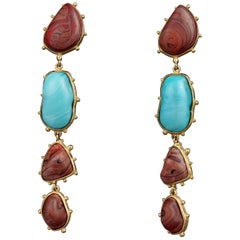 Vintage CHRISTIAN LACROIX Marble Turquoise Brown Dangling Earrings