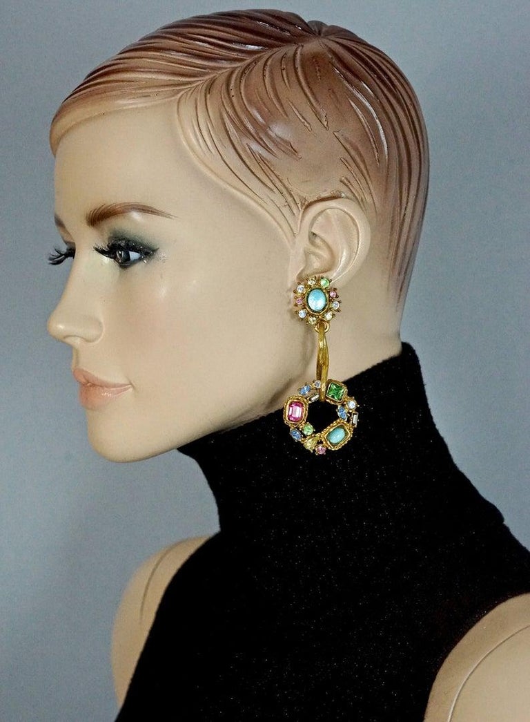 Vintage Christian Lacroix Mogul Jeweled Twisted Hoop Drop Earrings