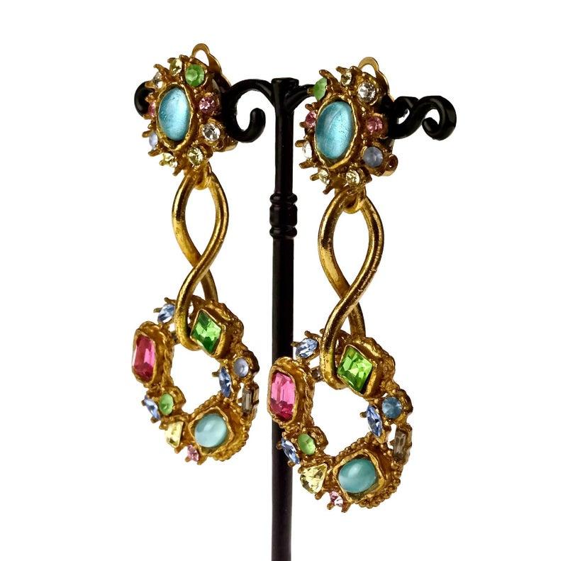 Vintage CHRISTIAN LACROIX Mogul Jeweled Twisted Hoop Drop Earrings 3