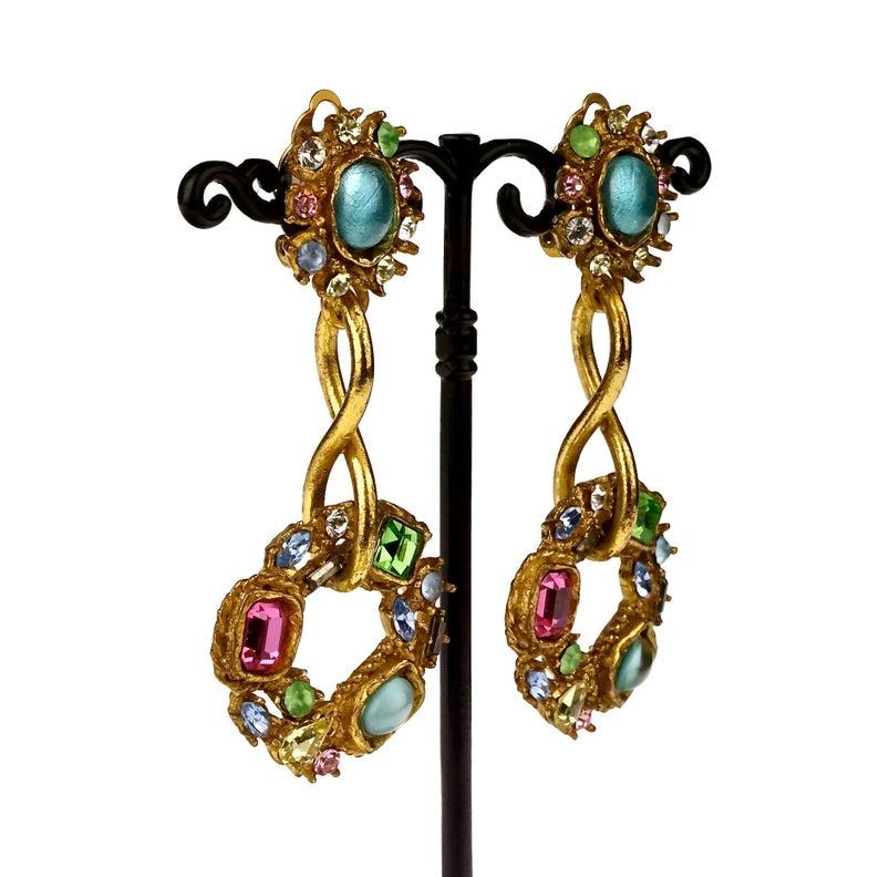 Vintage CHRISTIAN LACROIX Mogul Jeweled Twisted Hoop Drop Earrings 4