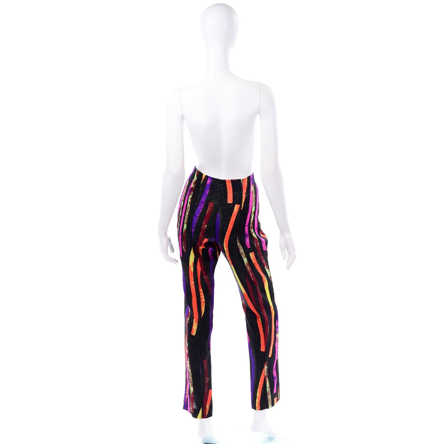 Black Vintage Christian Lacroix Multi Colored Abstract Neon Strips Print Silk Pants