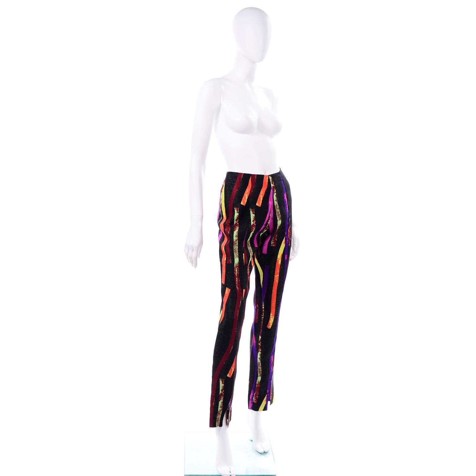Vintage Christian Lacroix Multi Colored Abstract Neon Strips Print Silk Pants In Excellent Condition In Portland, OR
