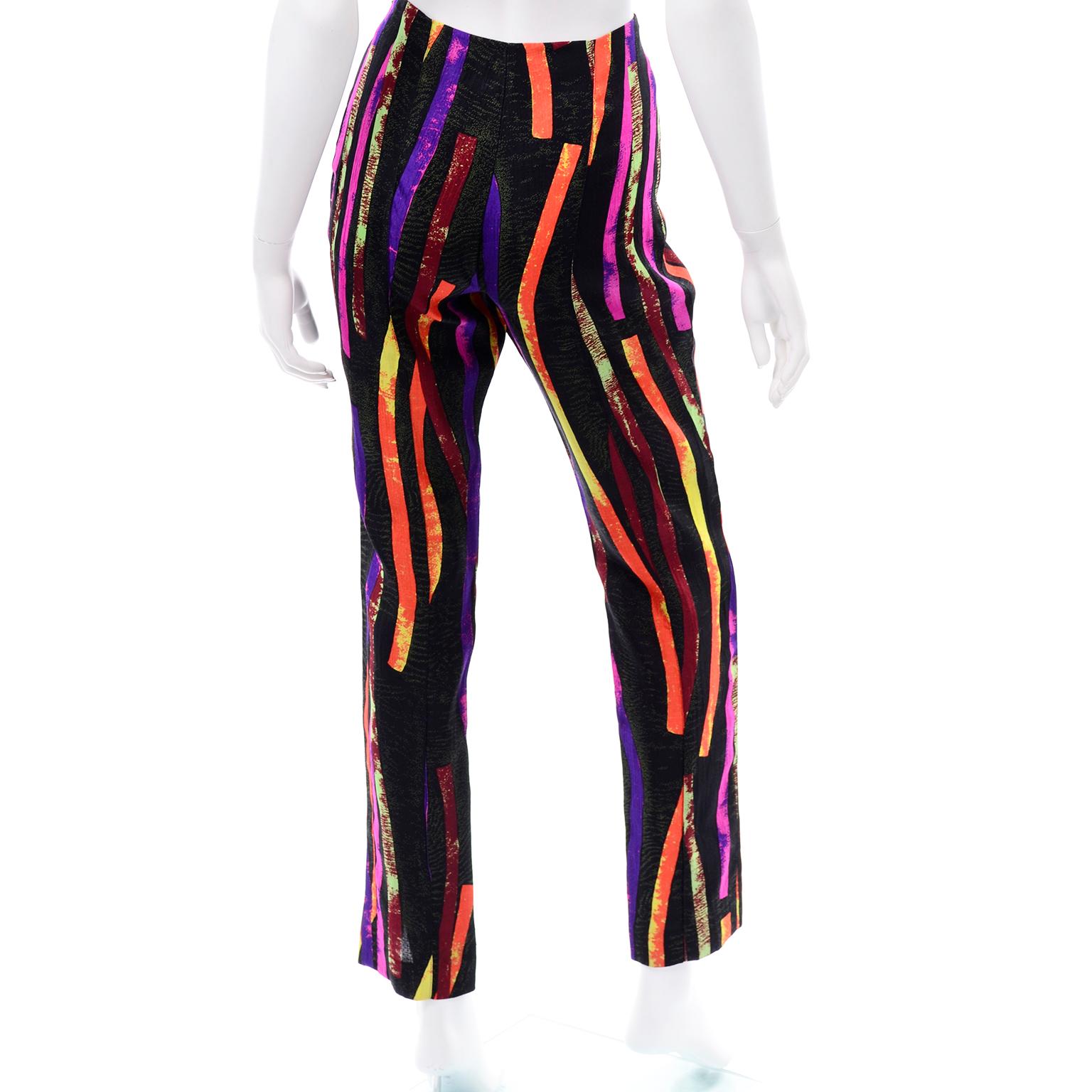 Women's Vintage Christian Lacroix Multi Colored Abstract Neon Strips Print Silk Pants