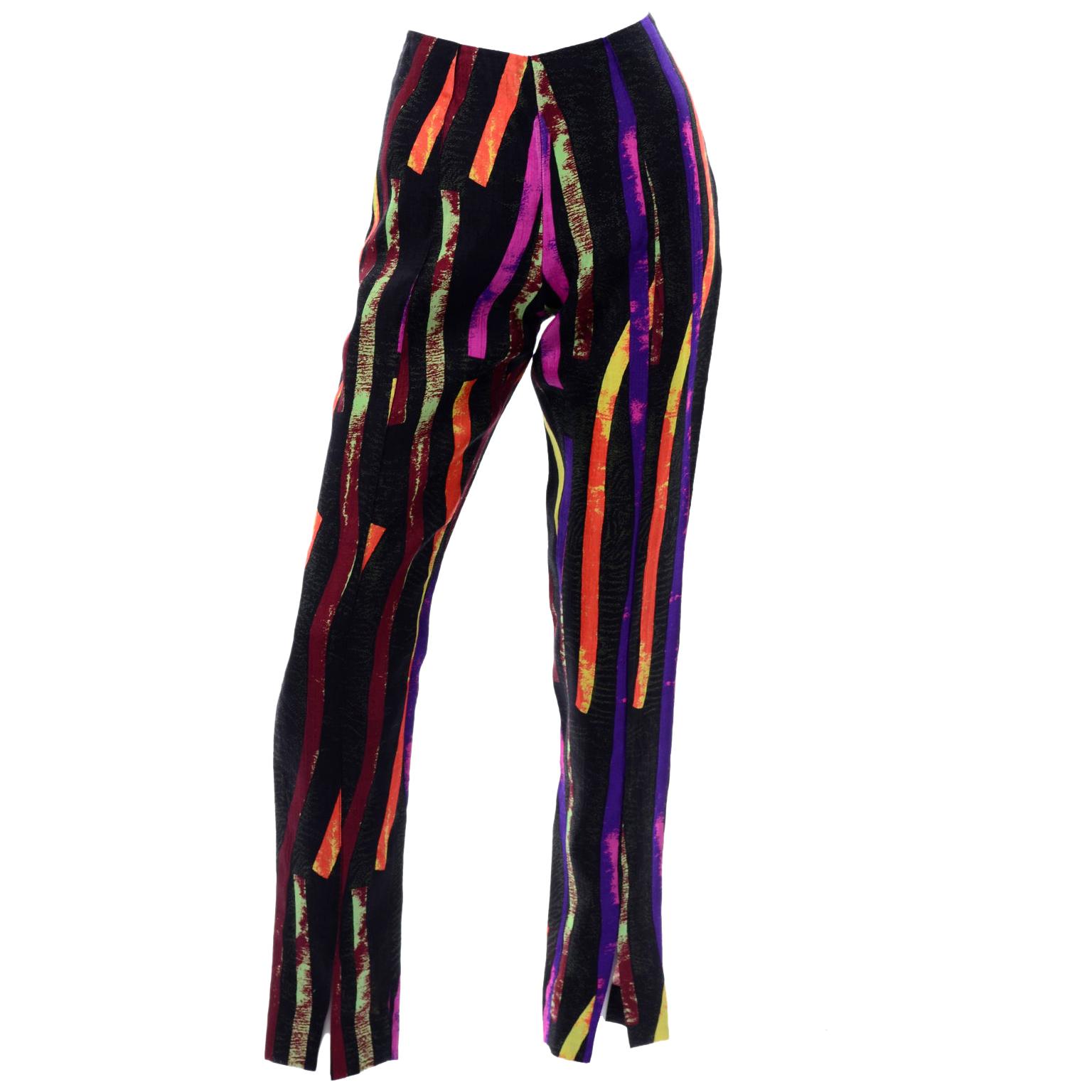 Vintage Christian Lacroix Multi Colored Abstract Neon Strips Print Silk Pants