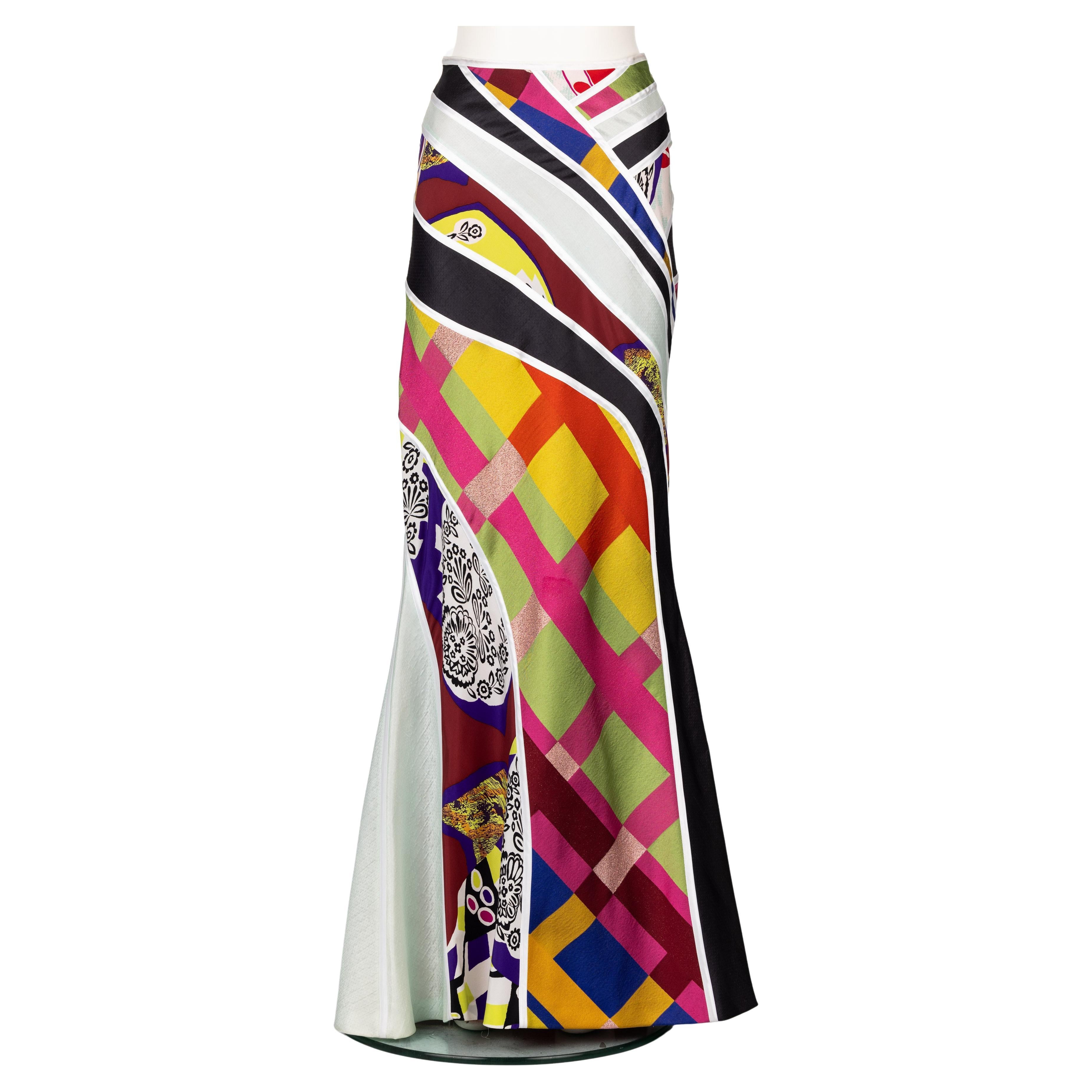 Vintage Christian Lacroix Multicolored Print Silk Maxi Skirt For Sale