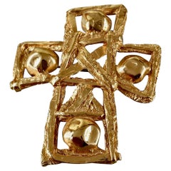 Vintage CHRISTIAN LACROIX Openwork Textured Gilt Cross Pendant Brooch