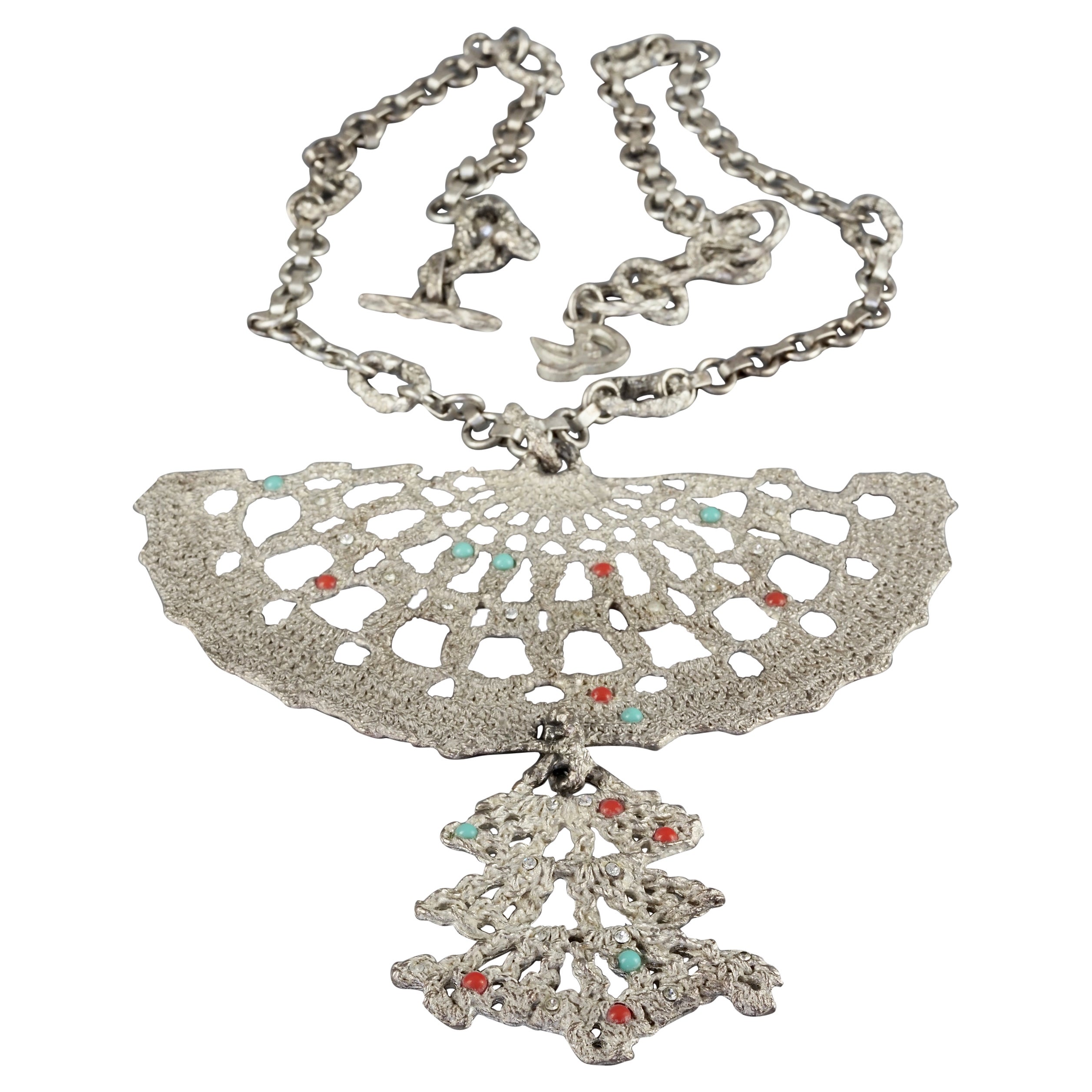 Vintage CHRISTIAN LACROIX Opulent Massive Pendant Cabochon Embellished Necklace For Sale