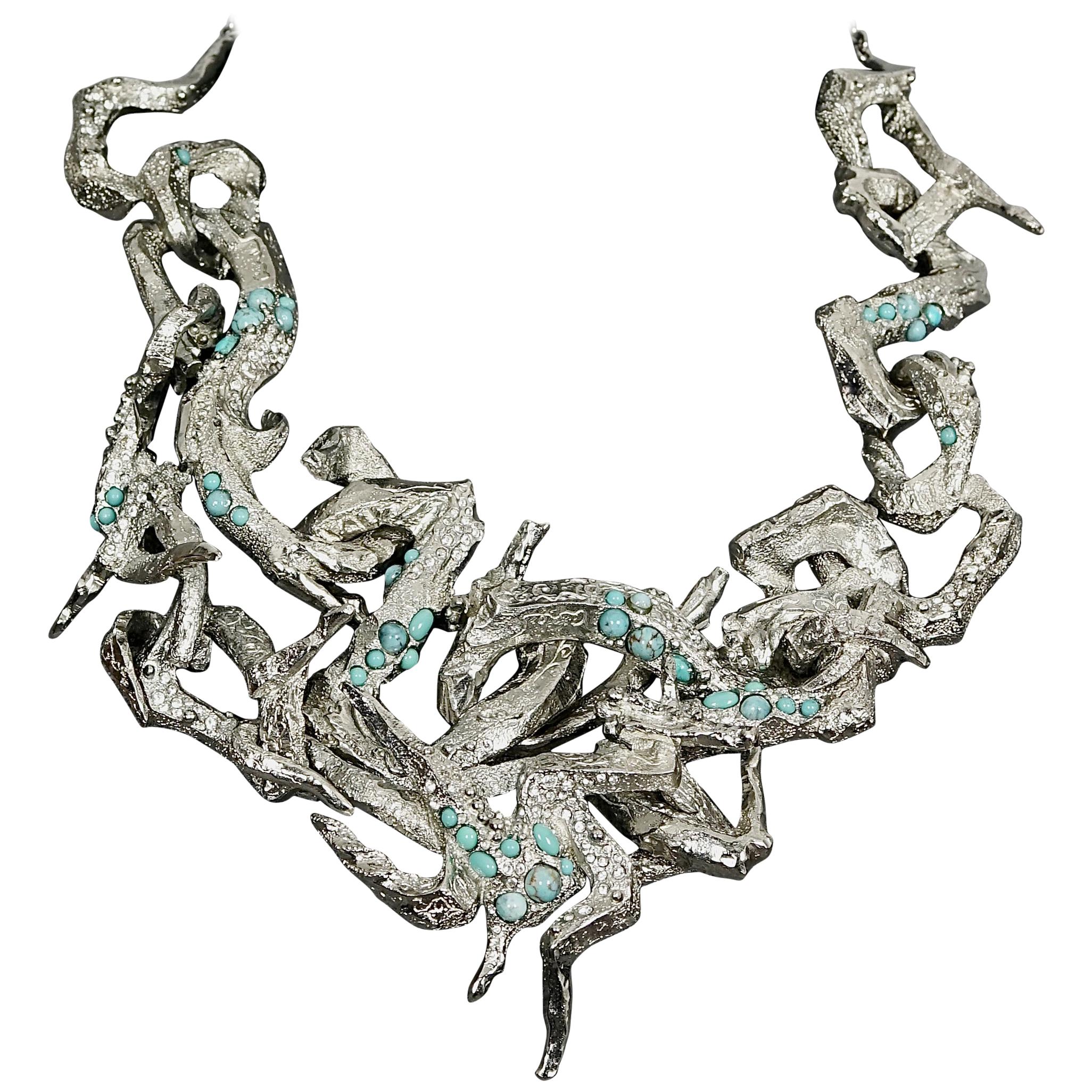 Vintage CHRISTIAN LACROIX Opulent Rigid Turquoise Stone Choker Necklace For Sale