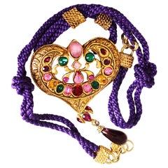 Vintage Christian Lacroix Oversized Heart Pendant Necklace Glass Stones 90s Rare