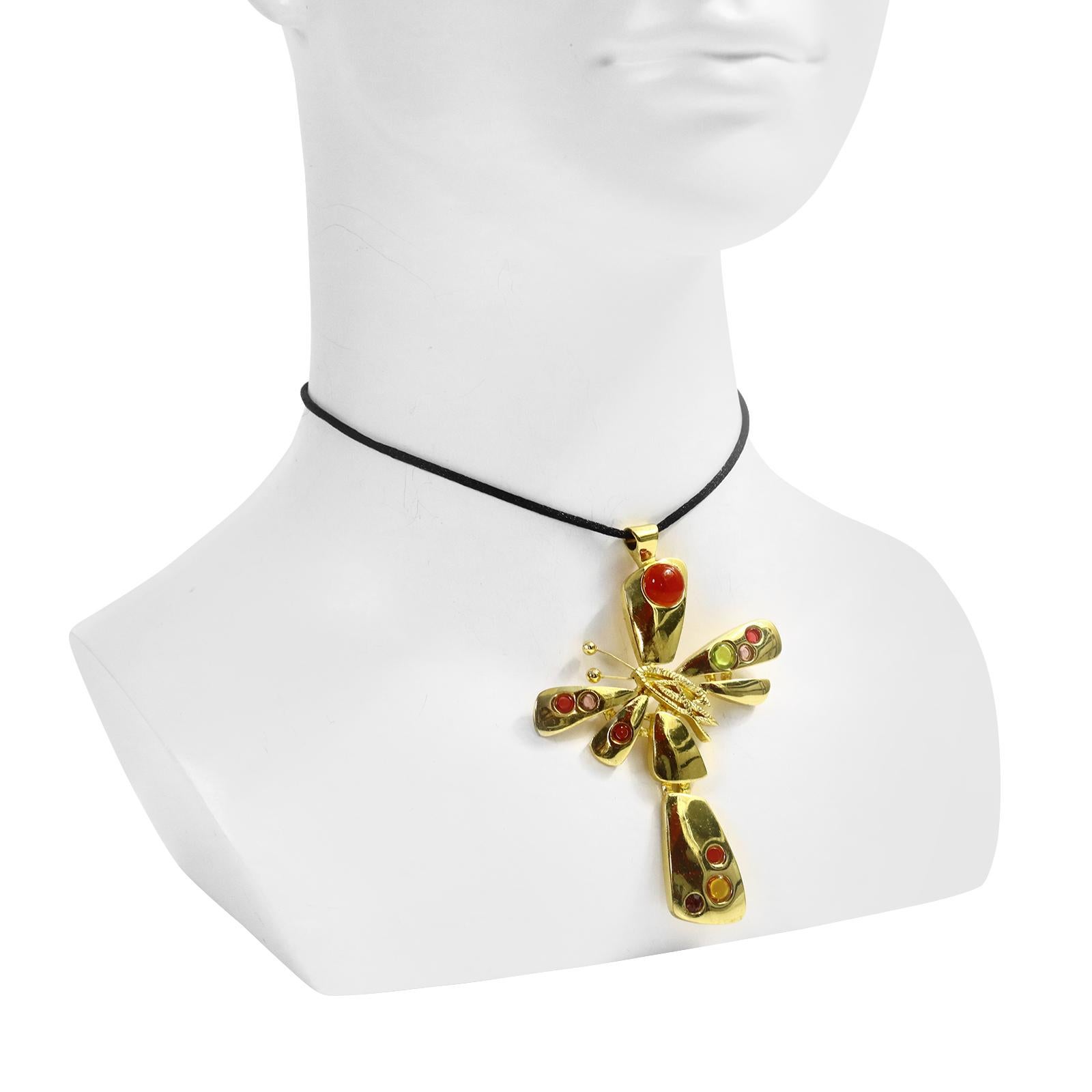 Modern Vintage Christian Lacroix Gold Cross with Cabochon Necklace Circa 1990s For Sale