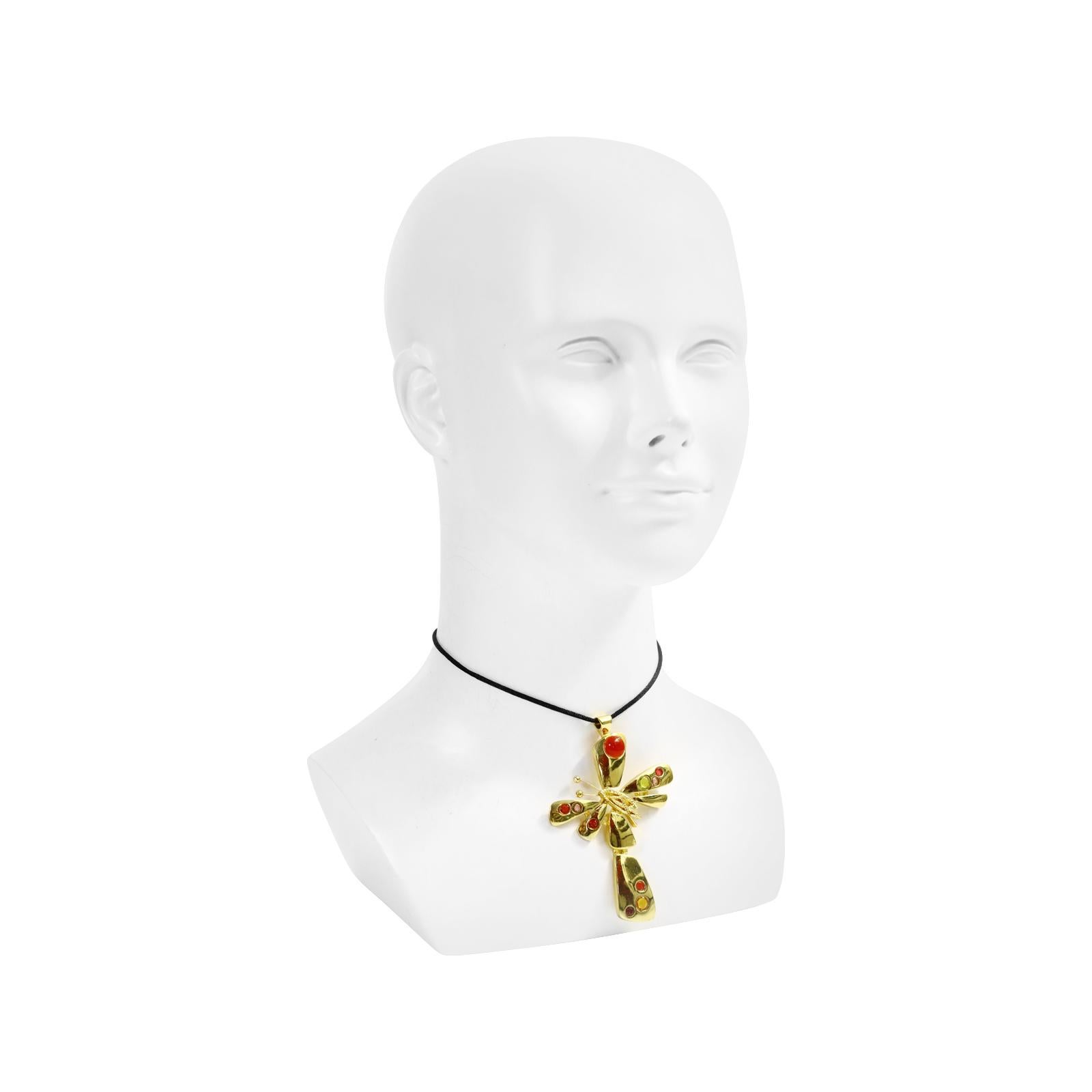 Vintage Christian Lacroix Gold Cross with Cabochon Necklace Circa 1990s In Good Condition For Sale In New York, NY