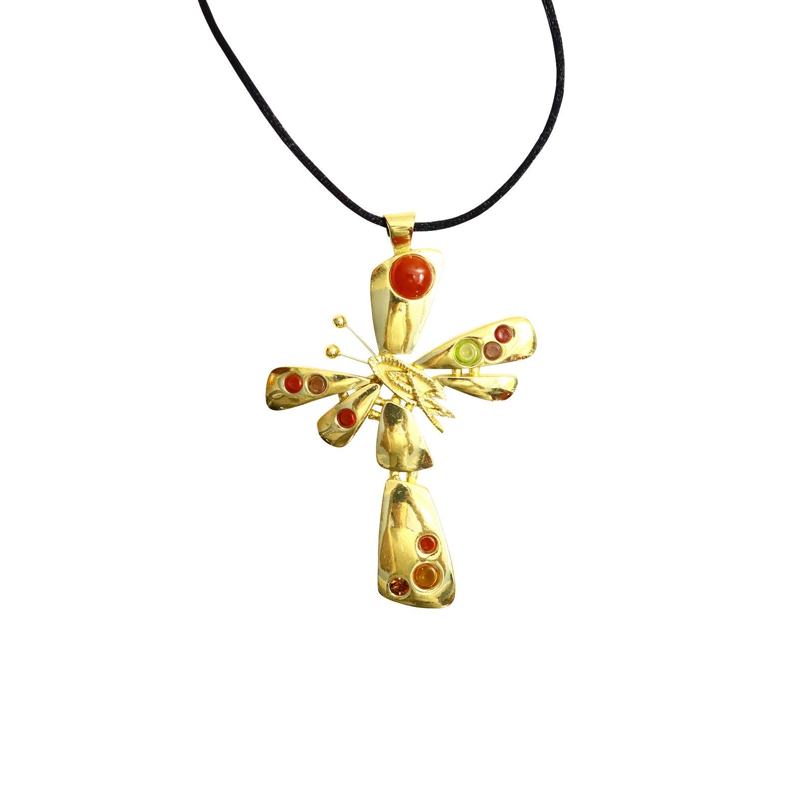 Women's or Men's Vintage Christian Lacroix Gold Cross with Cabochon Necklace Circa 1990s For Sale