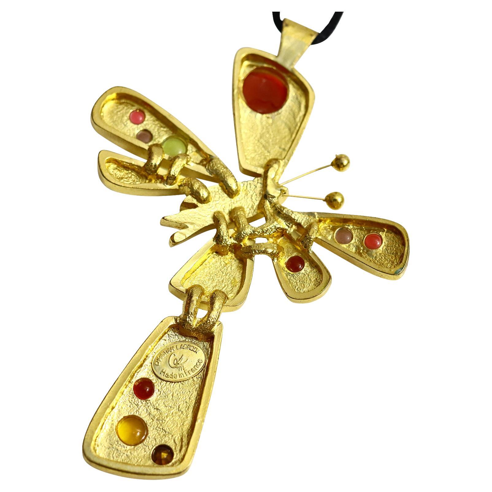 Vintage Christian Lacroix Gold Cross with Cabochon Necklace Circa 1990s For Sale 2