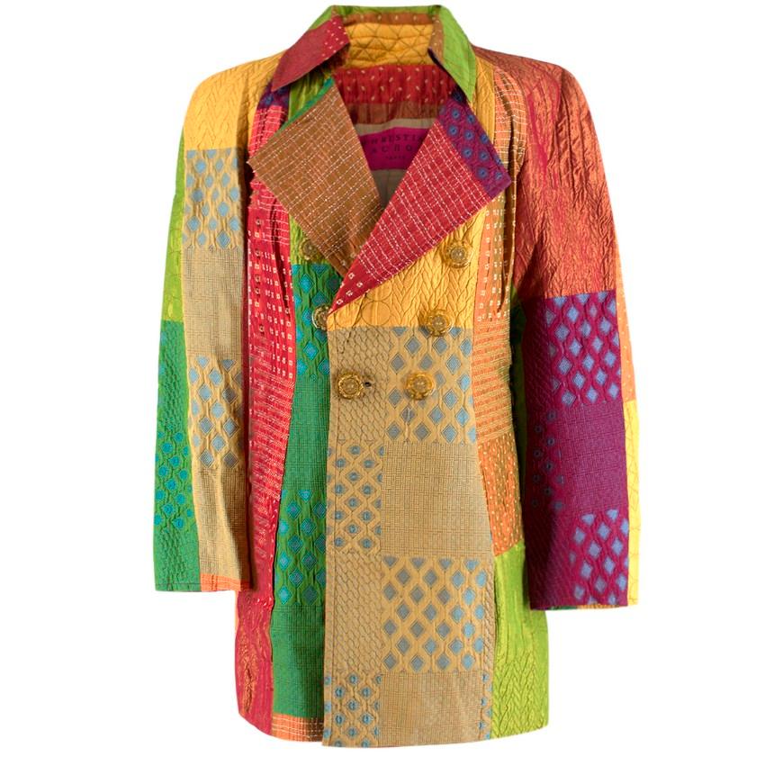 Vintage Christian Lacroix patchwork jacket 

- Red tonal-orange and tonal green, lightweight patch work abstract jacquard 
- Notch lapel, long raglan sleeves, padded shoulders
- Double breasted, gold glitter-effect button fastening
- Light-gold