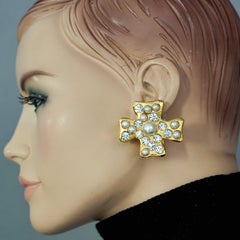 Vintage CHRISTIAN LACROIX Pearls Rhinestones Cross Earrings