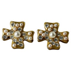 Vintage CHRISTIAN LACROIX Pearls Rhinestones Cross Earrings