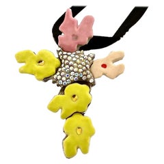 Vintage CHRISTIAN LACROIX Pop Abstract Rhinestone Cross Pendant Brooch Necklace