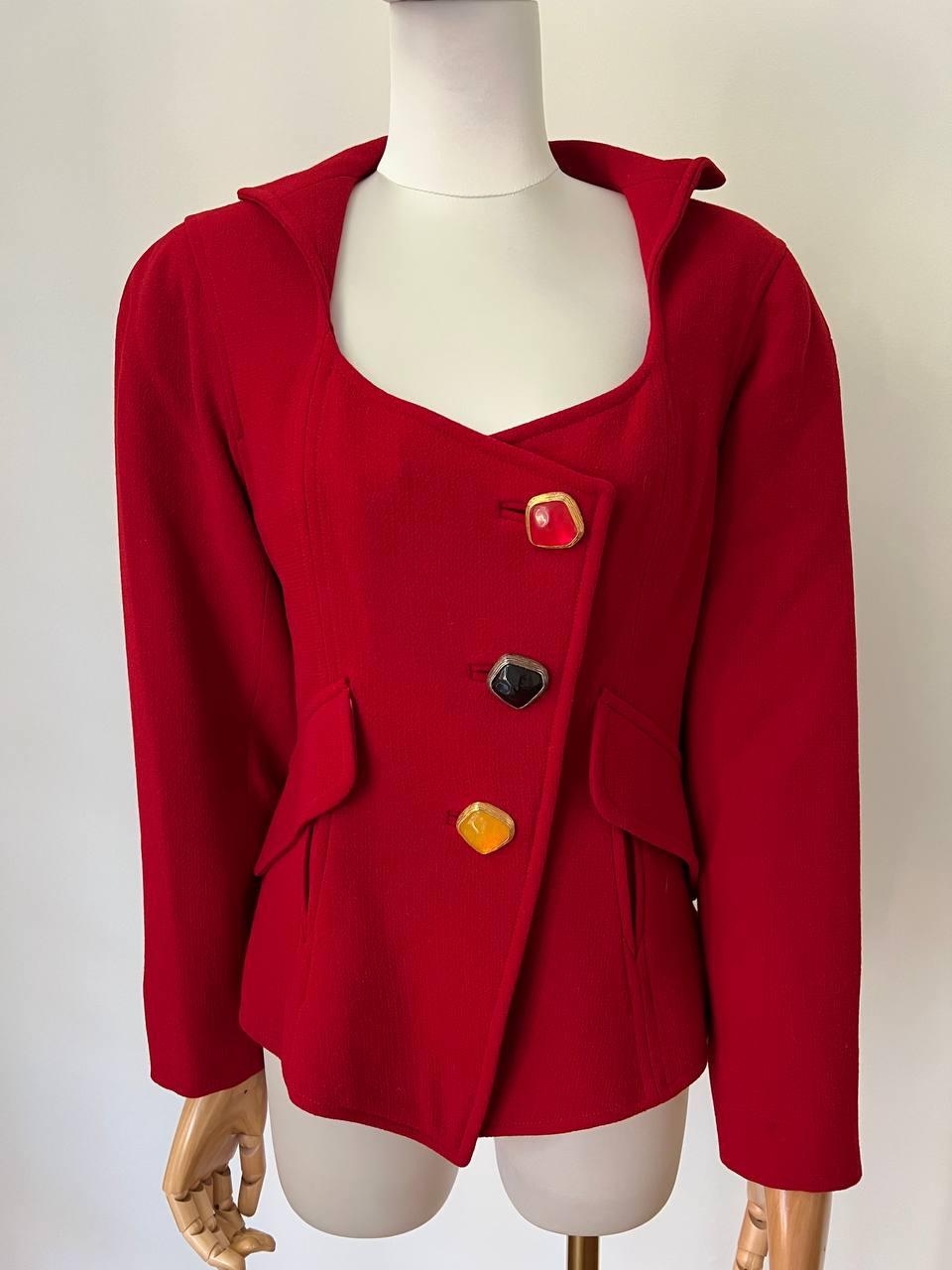 Vintage red blazer with Peter Pan collar and cabochon oversized buttons by Christian Lacroix. Padded shoulders. 
Ready To Wear Fall/Winter 1991-1992 Collection
Composition: 100% wool, lining: 100% acetate
Size: