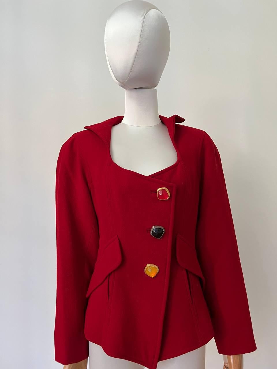 Vintage Christian Lacroix Red Accented Button Wool Blazer, 1991 5