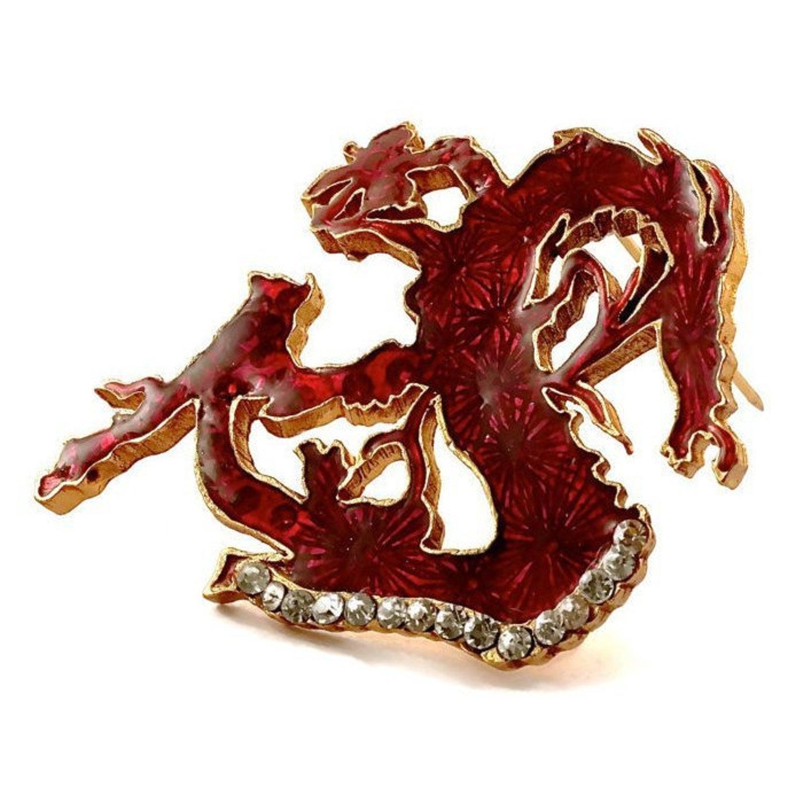 Vintage CHRISTIAN LACROIX Red Dragon Iridescent Enamel Rhinestone Brooch

Measurements:
Height: 2 4/8 inches (6.35 cm)
Width: 2 2/8 inches (5.71 cm)

Features:
- 100% Authentic CHRISTIAN LACROIX.
- Red dragon in Iridescent enamel with embedded