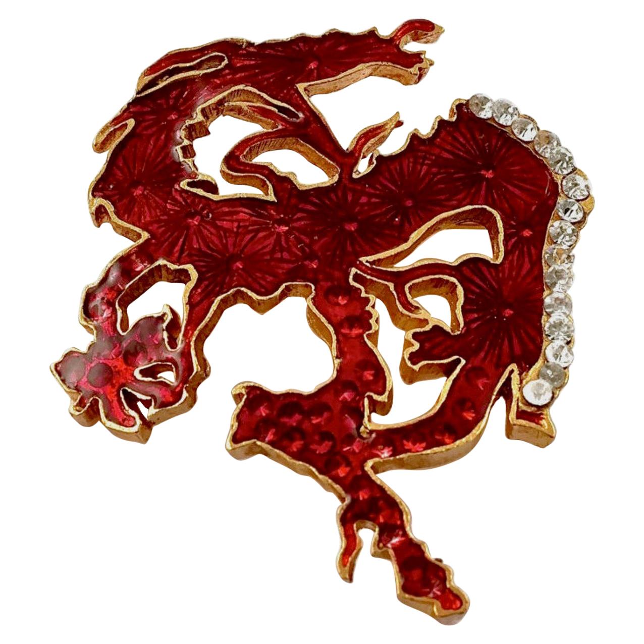 Vintage CHRISTIAN LACROIX Red Dragon Iridescent Enamel Rhinestone Brooch For Sale