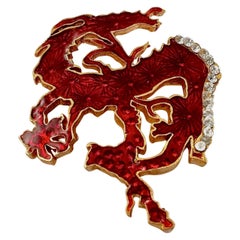 Vintage CHRISTIAN LACROIX Red Dragon Iridescent Enamel Rhinestone Brooch