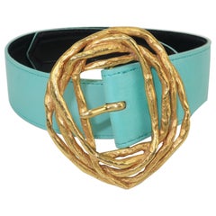 Vintage Christian Lacroix Sculptural Gold Tone Buckle & Aqua Leather Belt