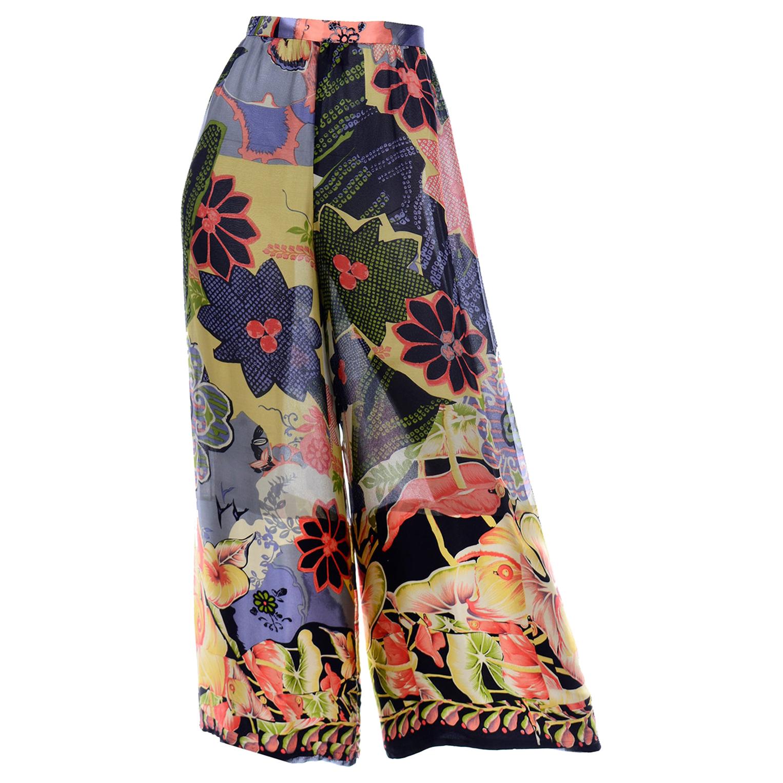 Vintage Christian Lacroix Silk Chiffon Tropical Floral High Waist Wide Leg Pants