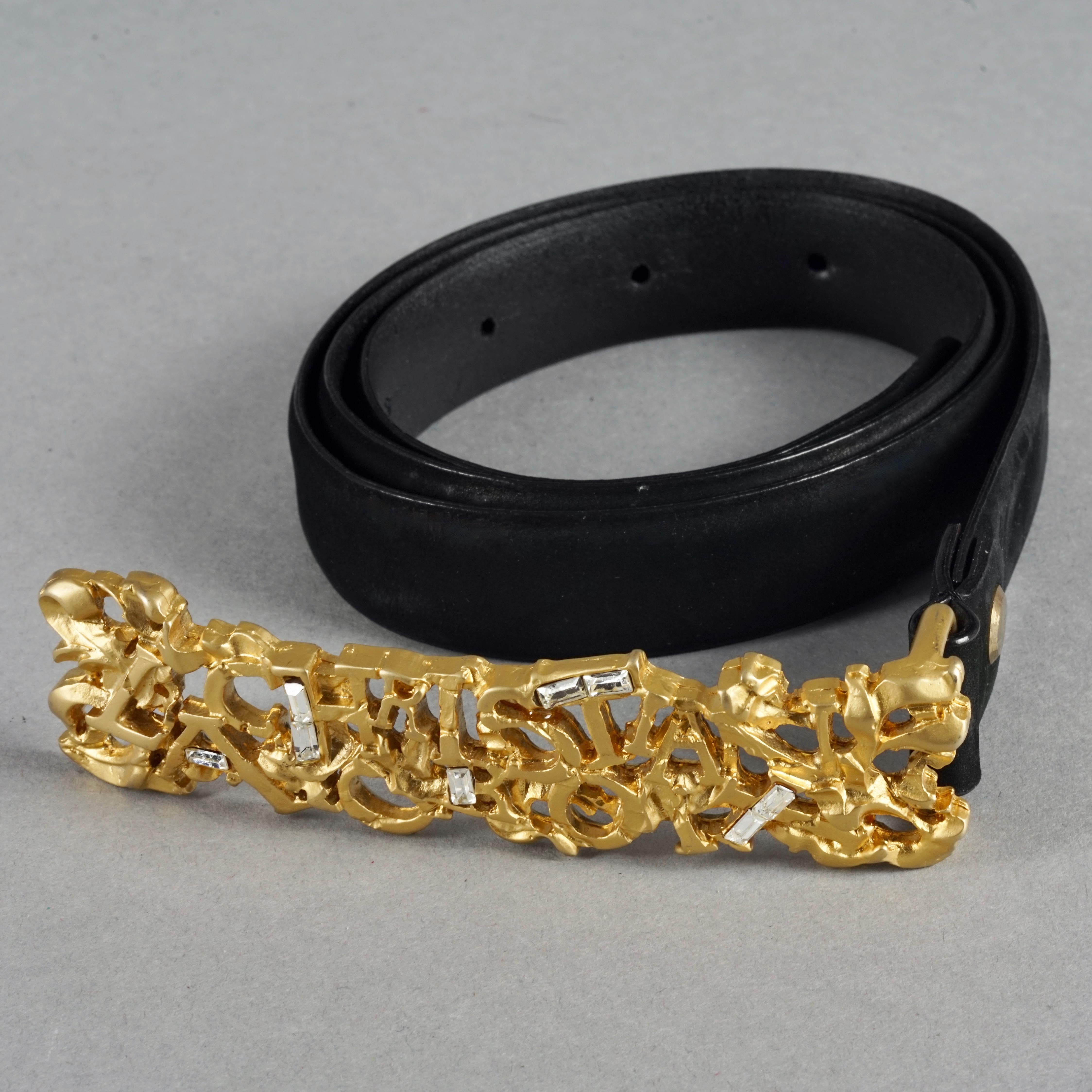 Vintage CHRISTIAN LACROIX Spelled Abstract Rhinestone Black Suede Skinny Belt In Excellent Condition For Sale In Kingersheim, Alsace