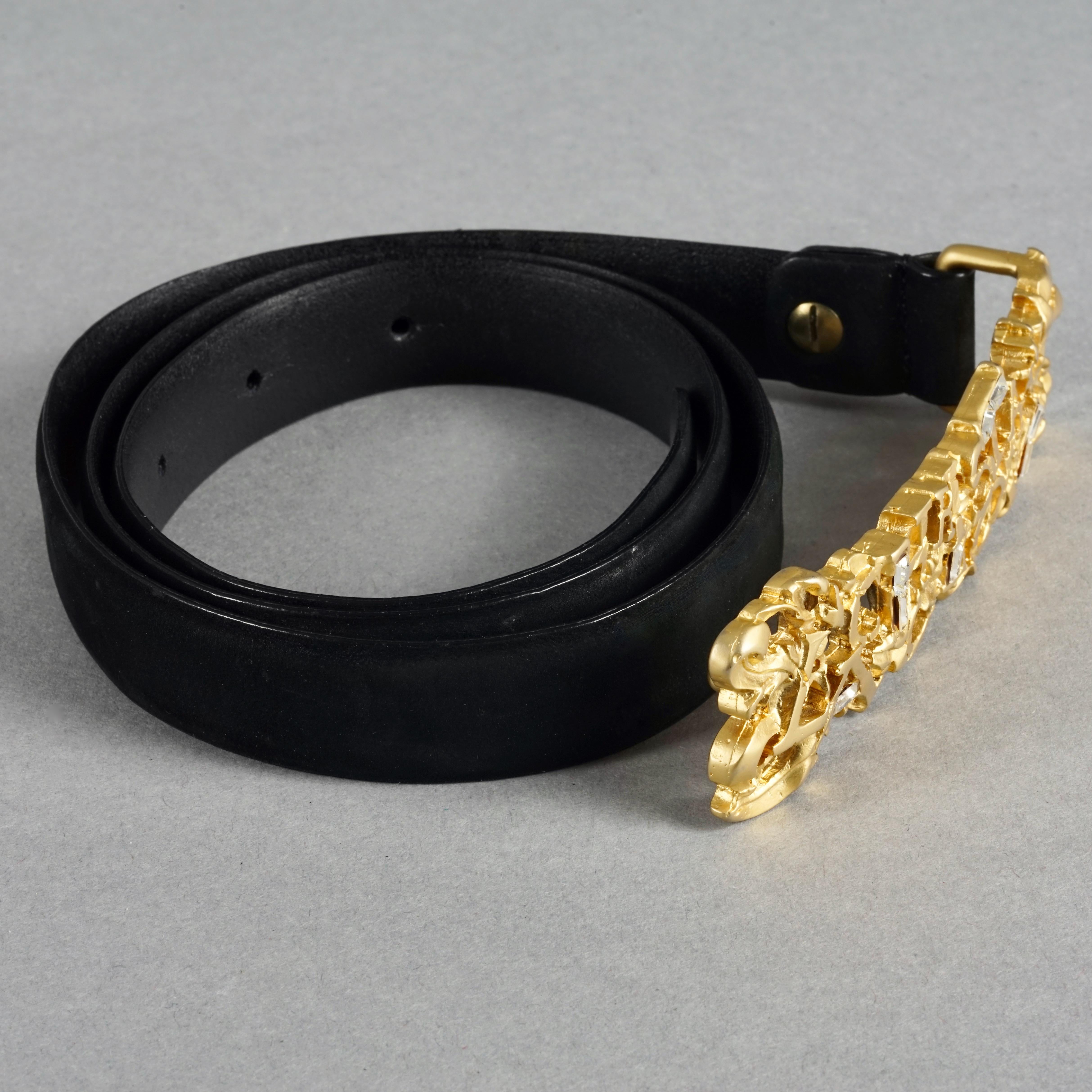 Women's Vintage CHRISTIAN LACROIX Spelled Abstract Rhinestone Black Suede Skinny Belt For Sale