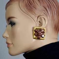 Vintage CHRISTIAN LACROIX Square Enamel Branch Rhinestone Openwork Earrings