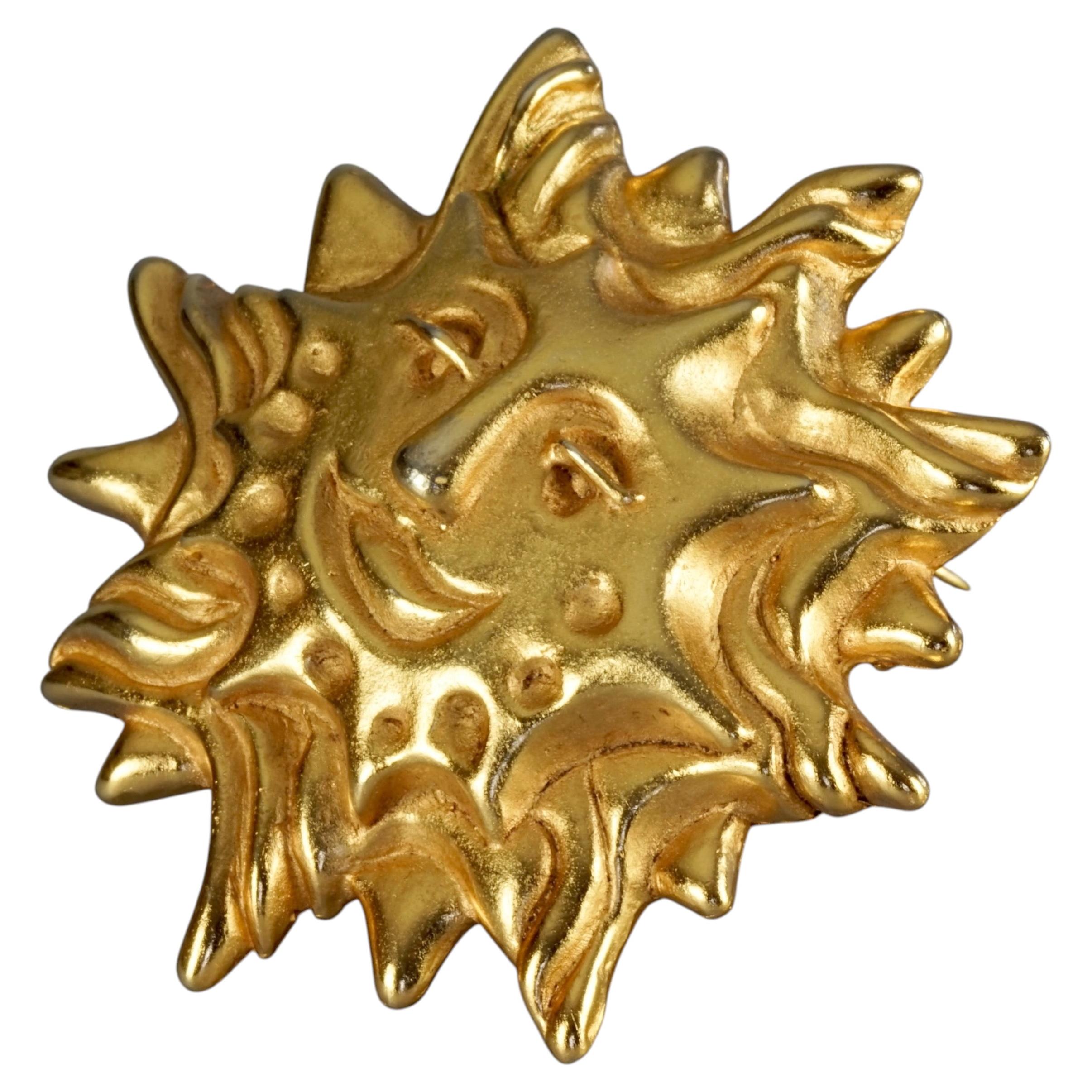 Vintage CHRISTIAN LACROIX Sun Face Gold Tone Novelty Brooch
