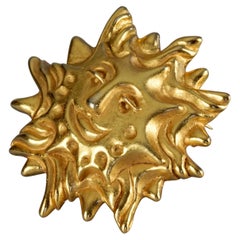 Vintage CHRISTIAN LACROIX Sun Face Gold Tone Novelty Brooch