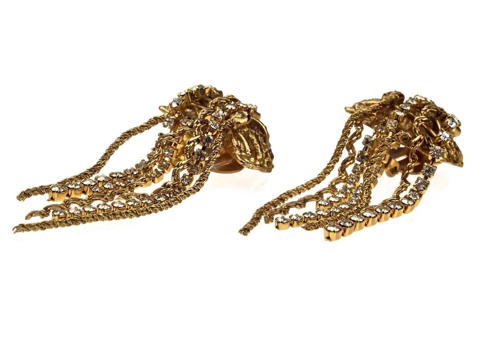 Vintage CHRISTIAN LACROIX Textured Cross Cascading Chain Rhinestone Earrings In Excellent Condition In Kingersheim, Alsace